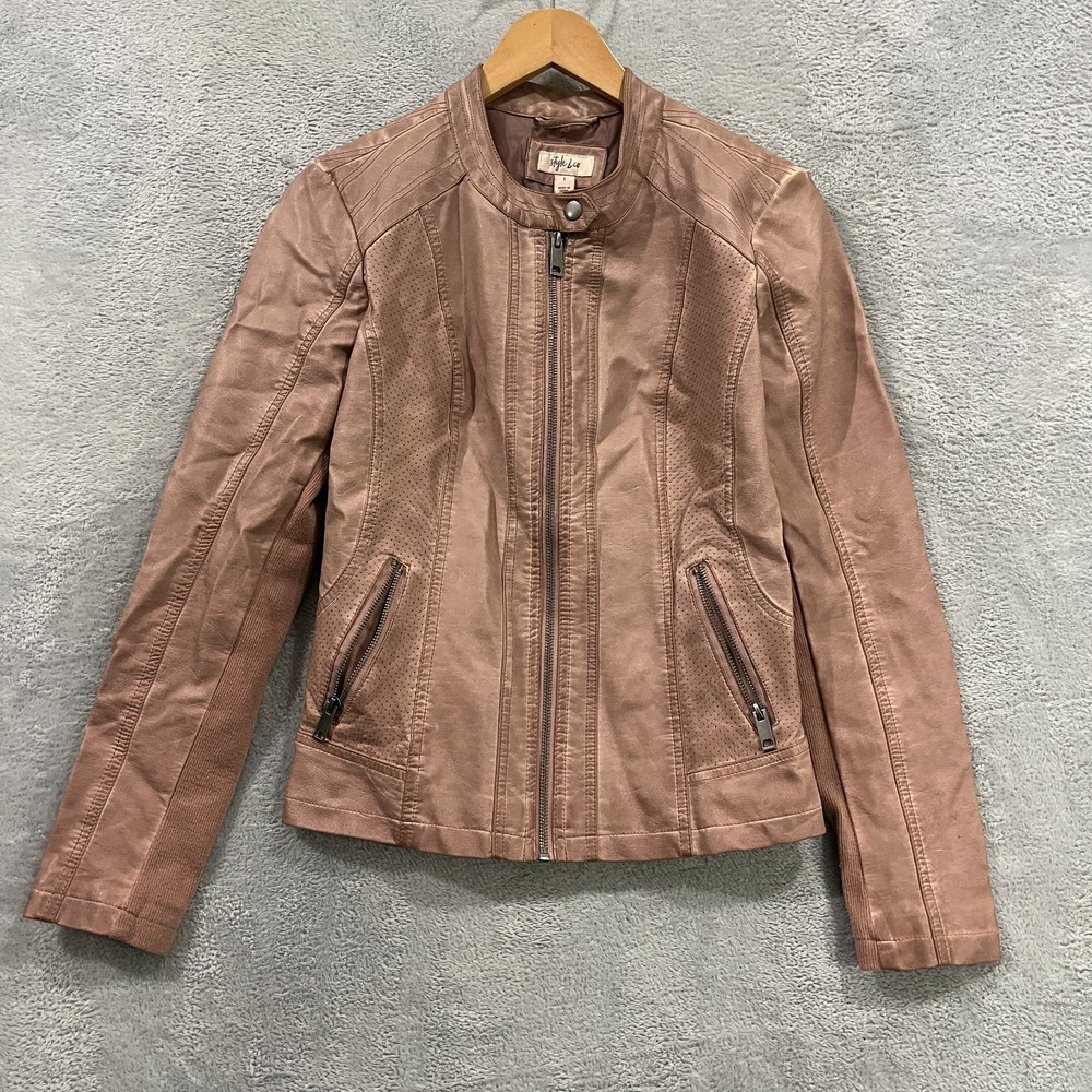 Style & Co Jacket Womens Small Faux Leather Pink Grunge Goth Biker Zip